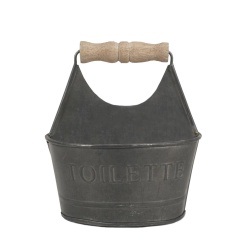CTW Home Collection Small Gray Colonial Tin Works Toiletries Bathroom Caddy 450156 Metal with Wooden Handle and Toilette on Front Rustic Farmhouse