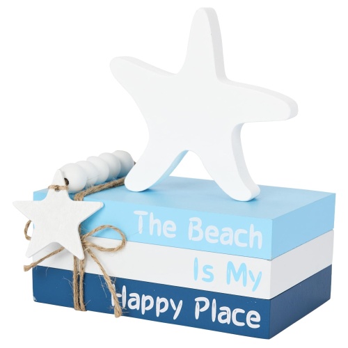 5 Pieces Beach Decor Wood Book Stacks and Starfish Sign Bead Garland, Decorative Books for Beach Room Decor Tiered Tray Decor, Beach Decorations for Home Coastal Bathroom - Image 1
