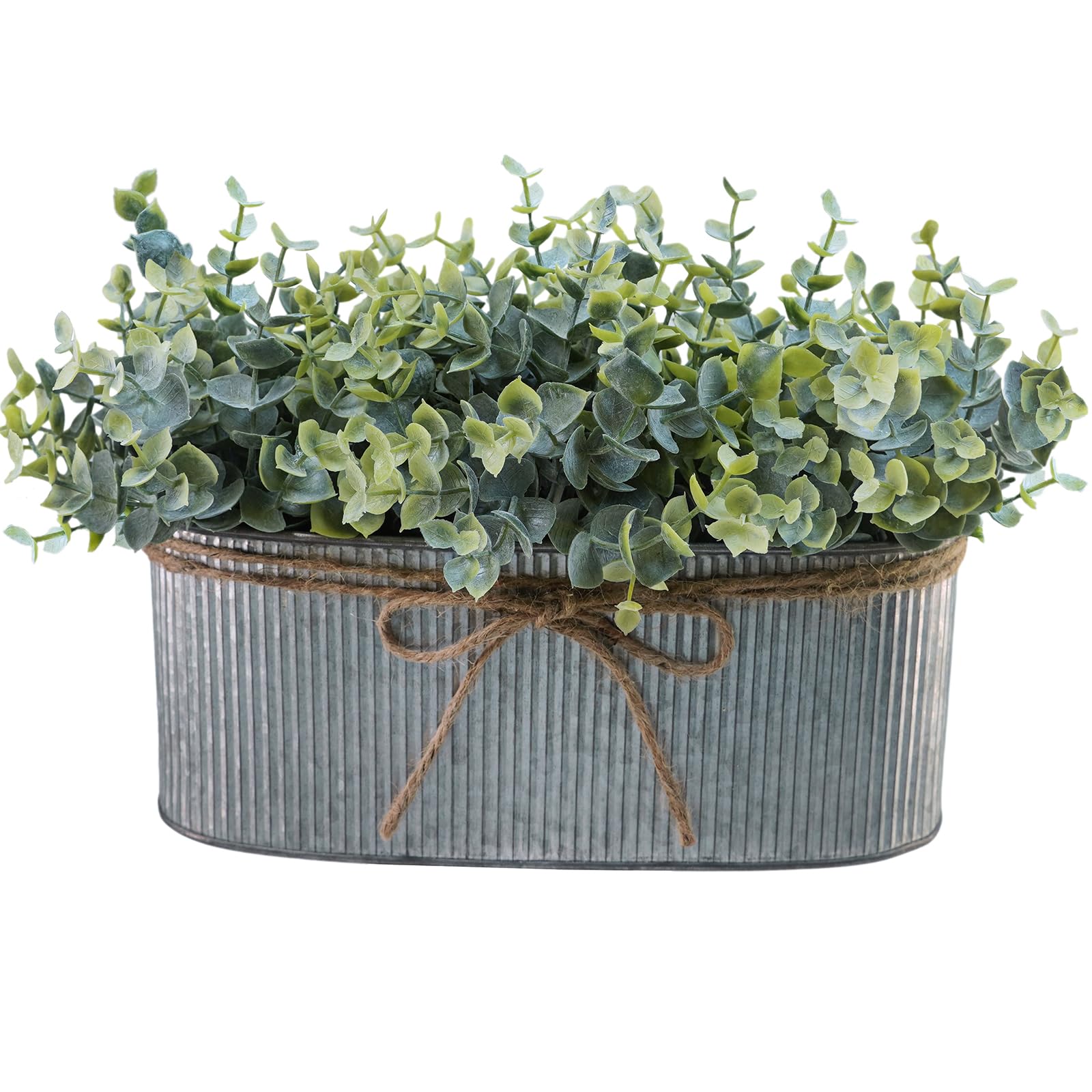 Version 1.0.0 Winlyn Artificial Eucalyptus Arrangement in Rustic Oval Galvanized Metal Planter Box Faux Eucalyptus Bush Greenery Potted Plants for Farmhouse Indoor Home Office Table Centerpiece Kitchen Décor - Image 1