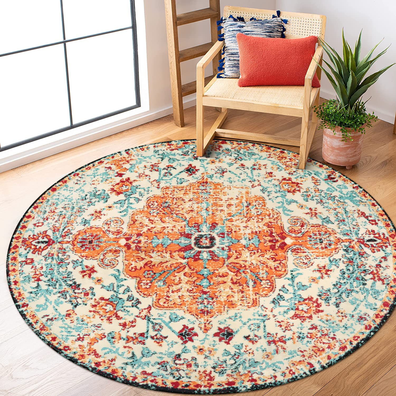 Version 1.0.0 Lahome Washable Round Rugs 5'3"ft, Bohemian Orange Circle Rugs for Living Room, Entryway Round Area Rug, Floral Medallion Soft Non Slip Nursery Carpet for Bedroom Dining Coffee Table - Image 1