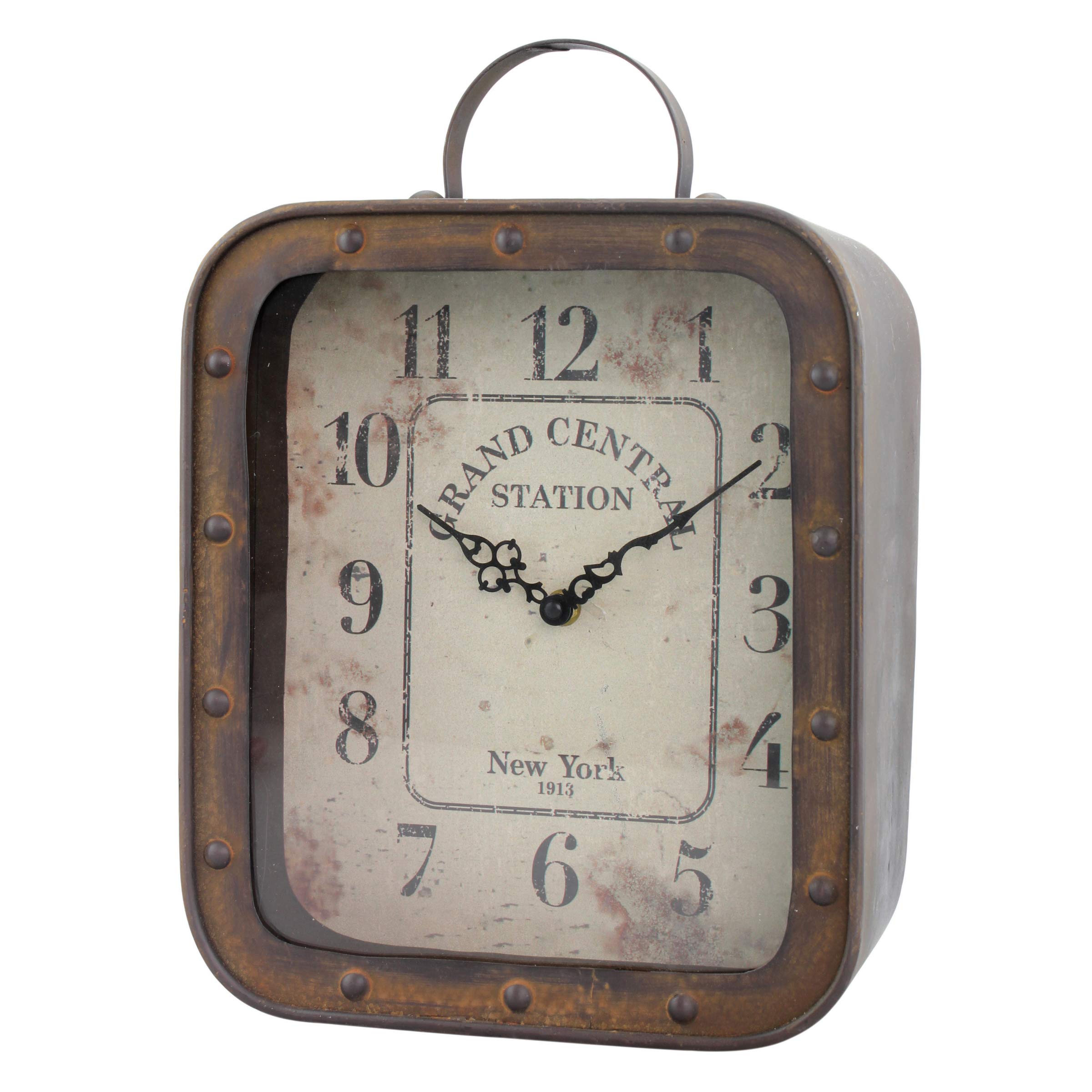 Version 1.0.0 Stonebriar Large Square Rustic Metal Table Top Clock with Handle and Rivet Detail, Industrial Home Decor Accents for the Mantel, Shelf, Desk, or Any Table Top, Battery Operated - Image 1