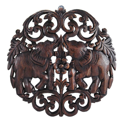 AeraVida Elaborate Circular Double Thai Elephant Hand Carved Teak Wood Wall Art - Image 1