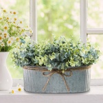 Winlyn Artificial Eucalyptus Arrangement in Rustic Oval Galvanized Metal Planter Box Faux Eucalyptus Bush Greenery Potted Plants for Farmhouse Indoor Home Office Table Centerpiece Kitchen Décor - Image 7