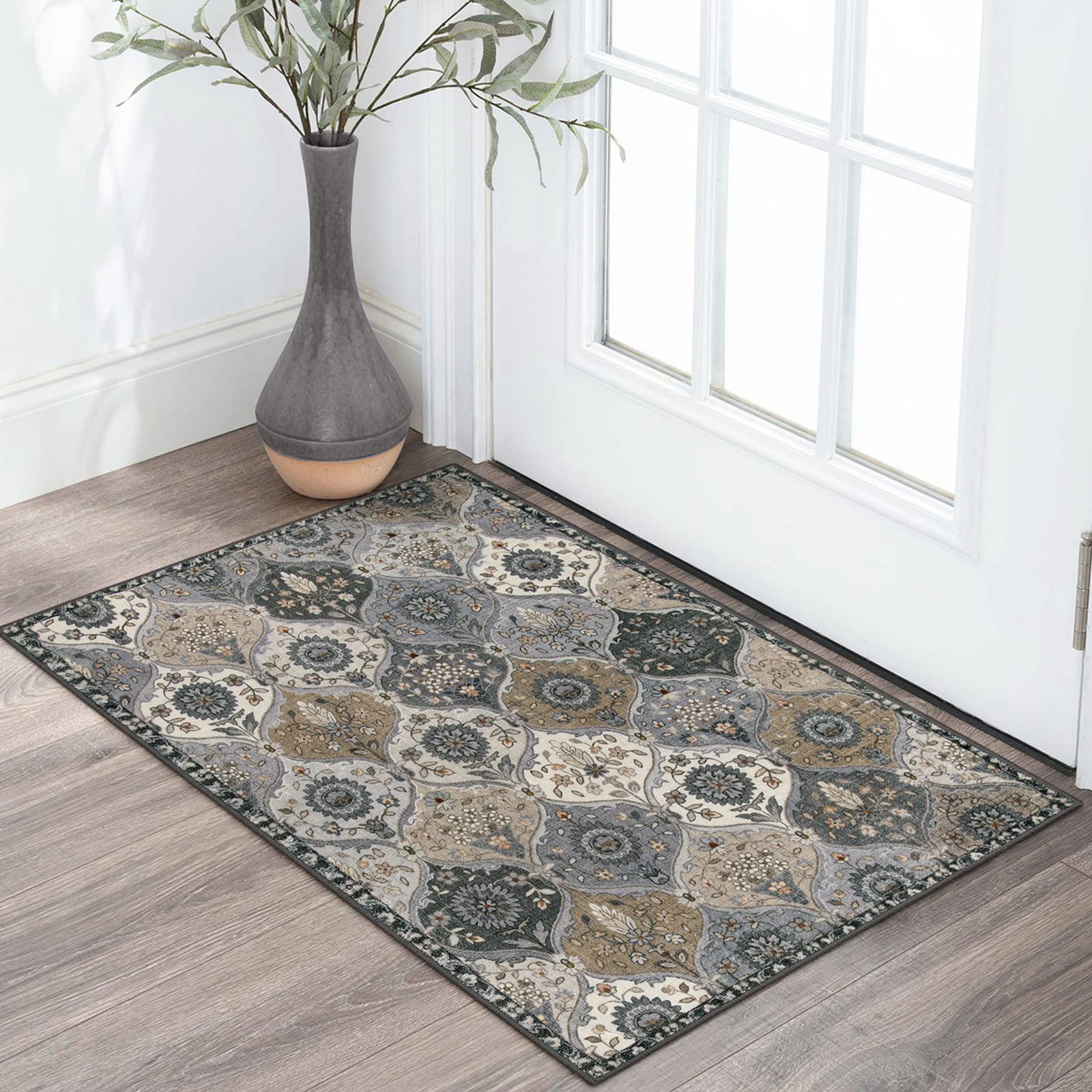 Version 1.0.0 Lahome Moroccan Trellis Area Rug, 2x3 Entry Rug Non-Slip Washable Indoor Door Mat, Small Oriental Accent Throw Rug for Bedroom Kitchen Entryway Bathroom (Grey, 2x3ft) - Image 1